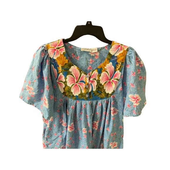 Phases Womens Size Large Smocked Dress Mixed Prints Blue Short Sleeve Kaftan Mid - Picture 2 of 4